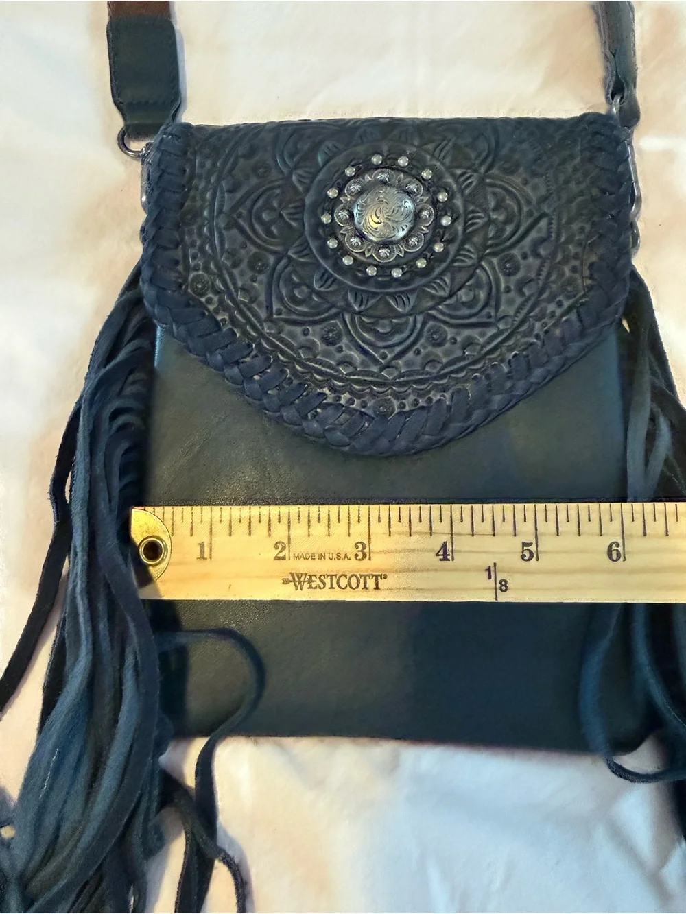 Montana West Navy Blue Genuine Leather Hand Tooled Mandala Fringe Crossbody Bag